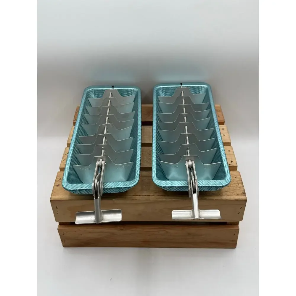 Vintage Metallic Blue Aluminum Ice Cube Trays with Levers - Pair of 2